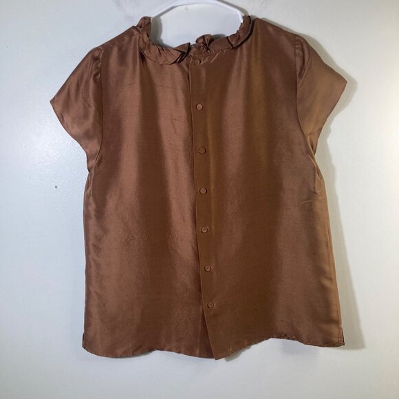Womens Talbots Slub Silk Ruffle V Neck Blouse Back Button Cap Sleeve 12 Brown - Picture 2 of 9